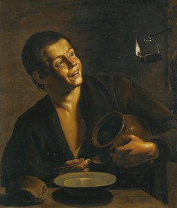 A Young Man Eating by the Light of an Oil Lamp